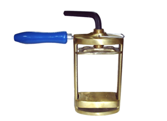 Brass flask compress with blue plastic handle and compression lever