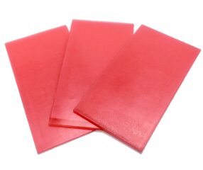 Three sheets of medium red dental base-plate wax in 3x6 rectangles.