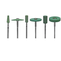 Selection of mounted greenstone on hand piece mandrels in taper, disc, barrel sizings