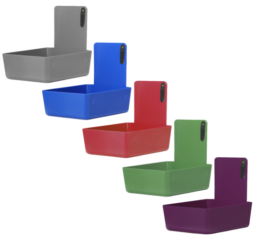 Gray, blue, red, green, and purple lab pans with plastic slip holders
