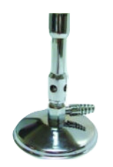 Stainless steel Bunsen burner with gas hookup on lower side and flame divot