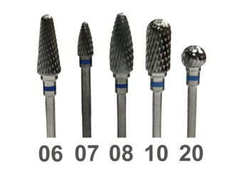 Carbide Lab Cutters in medium grit in tapered, small taper, pointed, barrel, and sphere shaped tips