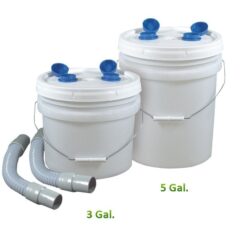 3.5 and 5 gallon plaster trap buckets with connection lids and hoses
