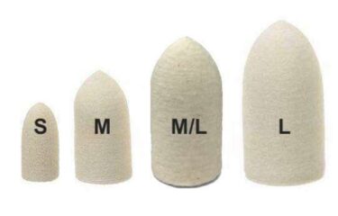 Felt polishing cones in sizes, small, medium, med/large, and large with tapered tips for handpiece use.