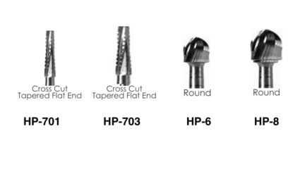 Selection of high-speed carbide dental burs showing small and large size of flat cut and round cut