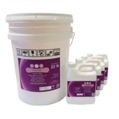 22 pound bucket container of pour acrylic liquid with four quart containers of pour acrylic liquid
