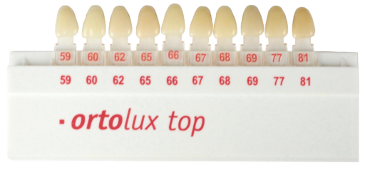 Plastic holder containing bioform shade tabs of Ortolux brand acrylic teeth