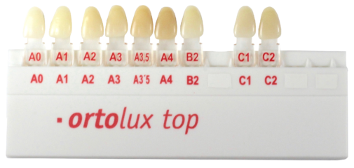 Plastic holder containing vita shade tabs of Ortolux brand acrylic teeth