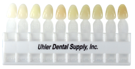 Plastic holder containing shade tabs of Uhler bioform acrylic teeth