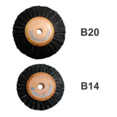 Plastic bristled brushes with wooden hub, showing B20 3/4 inch bristle length and B14 1/2 inch bristle length