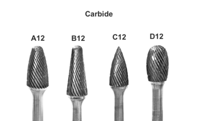 Silver carbide burs in round, tapered, flame, and cone shapes in standard cut