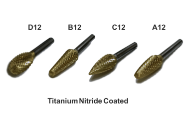 Gold carbide burs in round, tapered, flame, and cone shapes in diamond cut